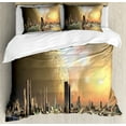thumbnail image 1 of Cityscape Duvet Cover Set, Utopia Islands Floating Future Cities Imaginary Fantasy Art Futuristic, Decorative 3 Piece Bedding Set with 2 Pillow Shams, Calking Size, Yellow Peach, by Ambesonne, 1 of 3