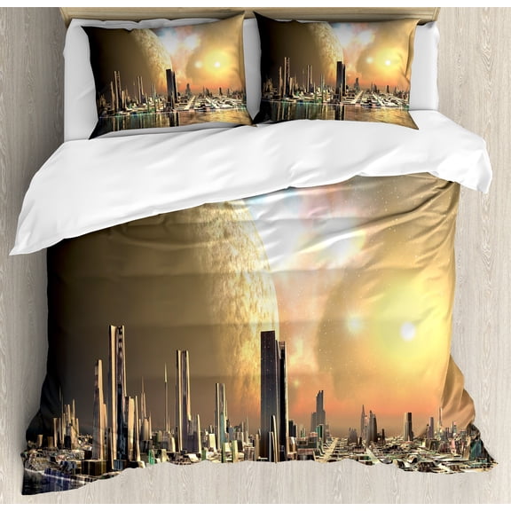 Cityscape Duvet Cover Set, Utopia Islands Floating Future Cities Imaginary Fantasy Art Futuristic, Decorative 3 Piece Bedding Set with 2 Pillow Shams, Calking Size, Yellow Peach, by Ambesonne