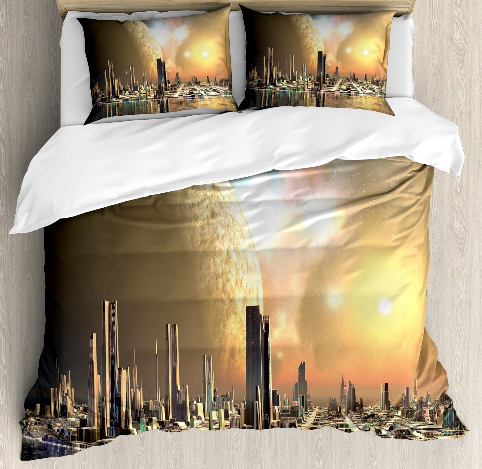 Queen Yellow Peach Cityscape Duvet Cover Set with Pillow Shams