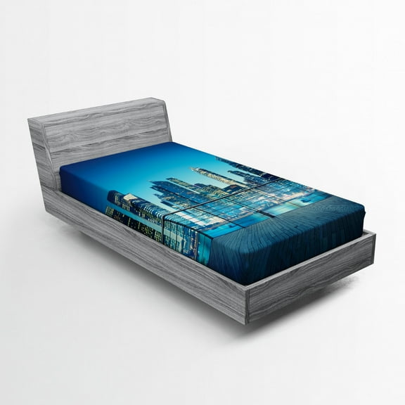 Ambesonne Cityscape Fitted Sheet, Skyscrapers from Balcony, Twin Size, Pale Yellow Night Blue