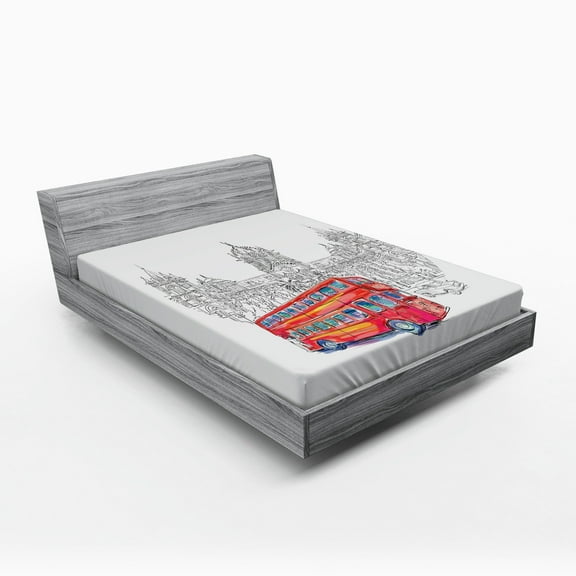 Cityscape Fitted Sheet, Historical Architecture Railway with Red Bus Monument Culture Illustration, Soft Decorative Fabric Bedding, Queen Size, Grey White, by Ambesonne