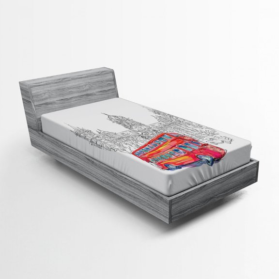 Cityscape Fitted Sheet, Historical Architecture Railway with Red Bus Monument Culture Illustration, Soft Decorative Fabric Bedding, Twin XL Size, Grey White, by Ambesonne