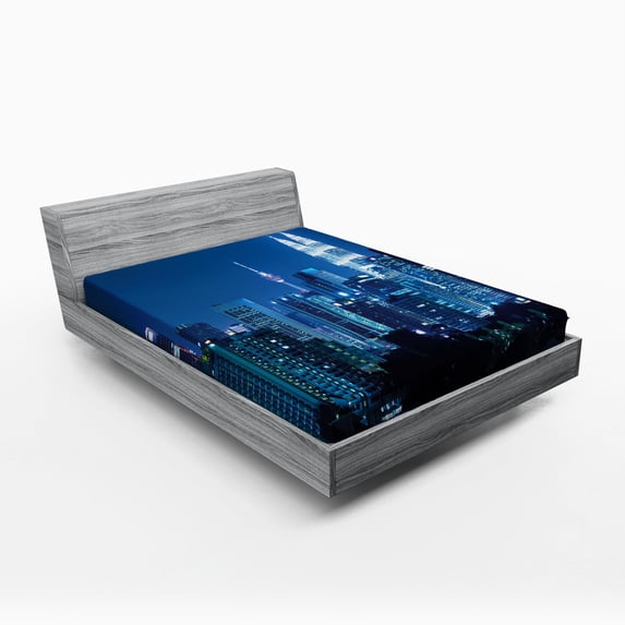 Ambesonne Landscape Fitted Sheet, Kuala Lumpur Skyline, Queen Size, Navy Black