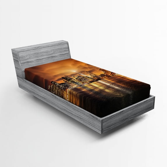 Cityscape Fitted Sheet, Manhattan at Sunset New York from Brooklyn Reflections Seaport Scenery Print, Soft Decorative Fabric Bedding, Twin XL Size, Orange Black, by Ambesonne