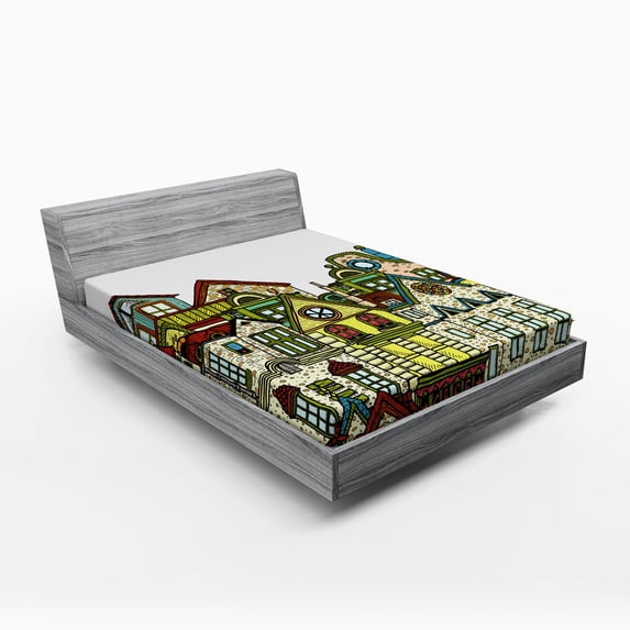Cityscape Fitted Sheet, Old Town Retro Art with Colorful Apartments Building Windows Balconies Chimneys, Soft Decorative Fabric Bedding, Queen Size, Green Beige, by Ambesonne