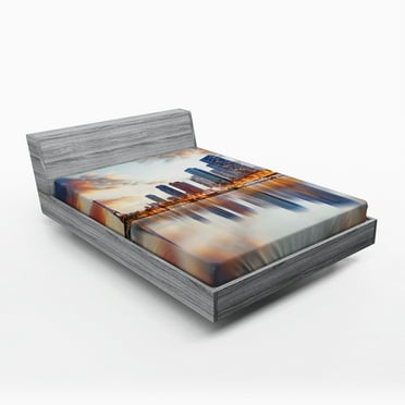 Ambesonne Cityscape Fitted Sheet, Buildings Dawn Reflection, Full Size, Multicolor