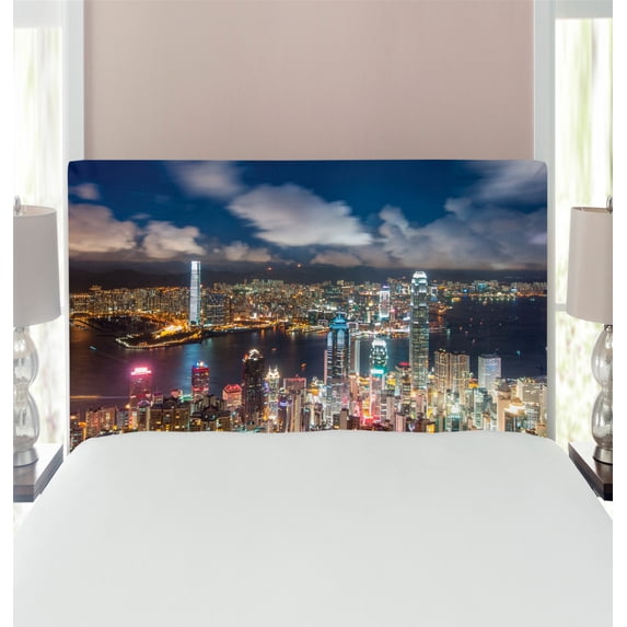 Cityscape Headboard, Night View Hong Kong Victoria Harbor Business Financial District Cityscape Print, Upholstered Decorative Metal Bed Headboard with Memory Foam, Twin Size, Navy White, by Ambesonne