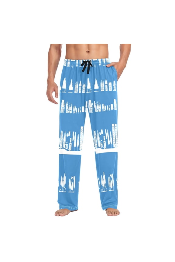 Cityscape Icons Pattern Mens Cotton Pajama Pants Long Staple Lightweight Sleep Bottoms with Pockets Breathable