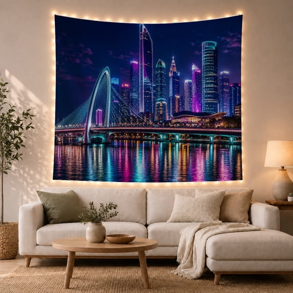 Cityscape Night Viewed with Body Water Modern Left, Mystical Fantasy for Space Lovers, Galaxy Room Decor, Housewarming Gift, Tapestry Wall Hanging for Bedroom and Dorm