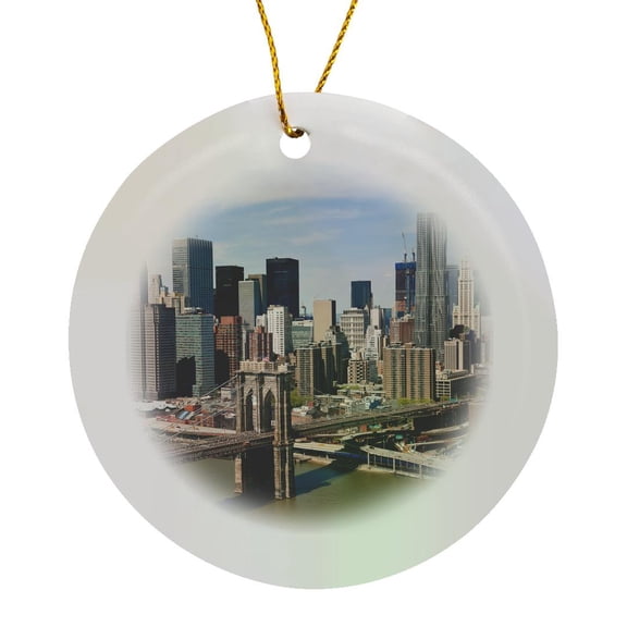 3drose, Cityscape of Lower Manhattan and Brooklyn Bridge New York City, Usa, Circle Porcelain Ornament