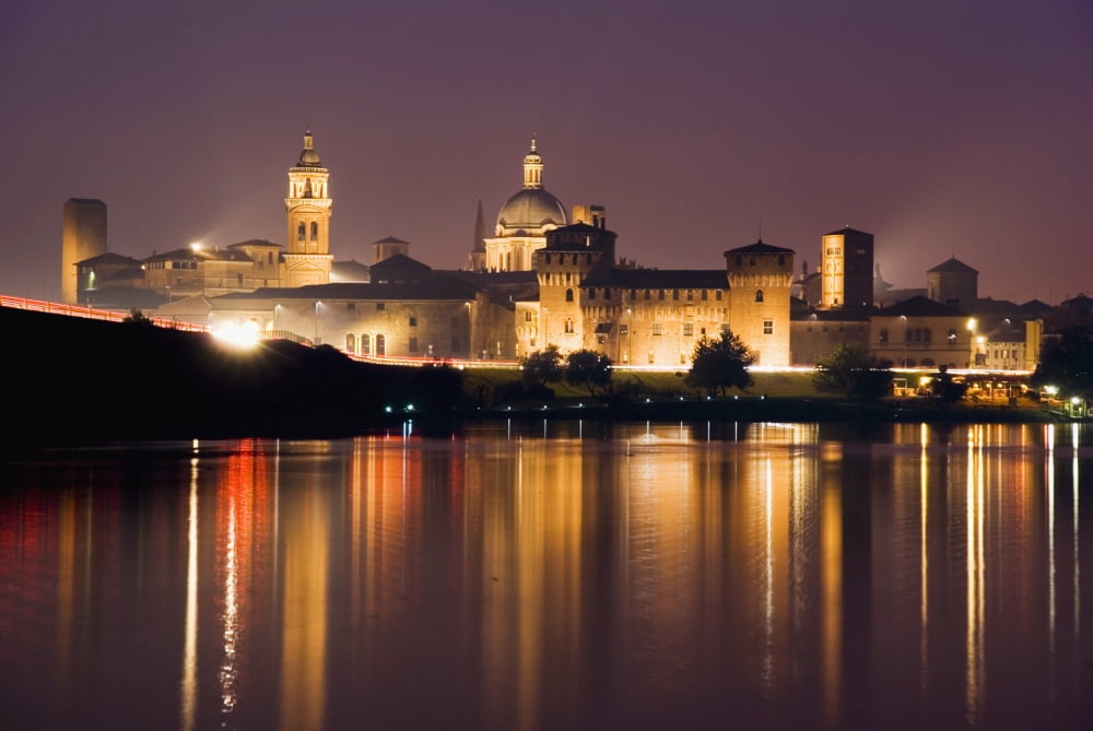 Cityscape Of Mantua At Night Canvas Art - Charles Bowman Design Pics (36 x 24)