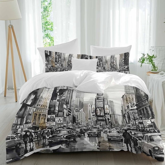 Cityscape Queen Duvet Cover Set, Retro Watercolor Black White Street Scene 4 Piece Microfiber Bedding Set with Zipper Closure, Bed Sheet and 2 Pillow Shams, Soft Bedding Cover