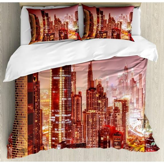 Cityscape Queen Size Duvet Cover Set, Dubai at Night Cityscape with Tall Skyscrapers Panorama Picture Arabian Peninsula, Decorative 3 Piece Bedding Set with 2 Pillow Shams, Multicolor, by Ambesonne
