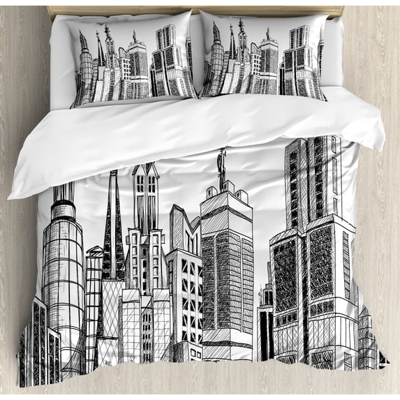Cityscape Queen Size Duvet Cover Set, Urban Arhitecture Sketch Skyscraper Metropolis Grunge Handdrawn Modern Scenery, Decorative 3 Piece Bedding Set with 2 Pillow Shams, Black White, by Ambesonne
