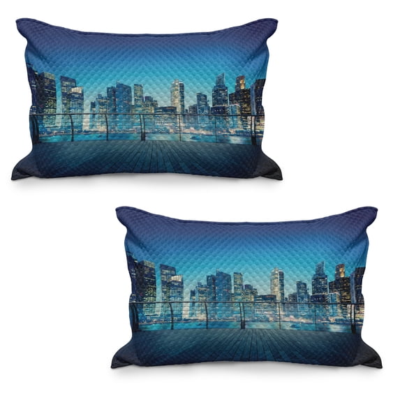 Cityscape Quilted Pillowcover Set of 2, Big City Night Panorama from a Balcony with Skyscrapers, Standard Queen Size Pillow Cover for Bedroom, 36" x 20", Pale Yellow Night Blue, by Ambesonne