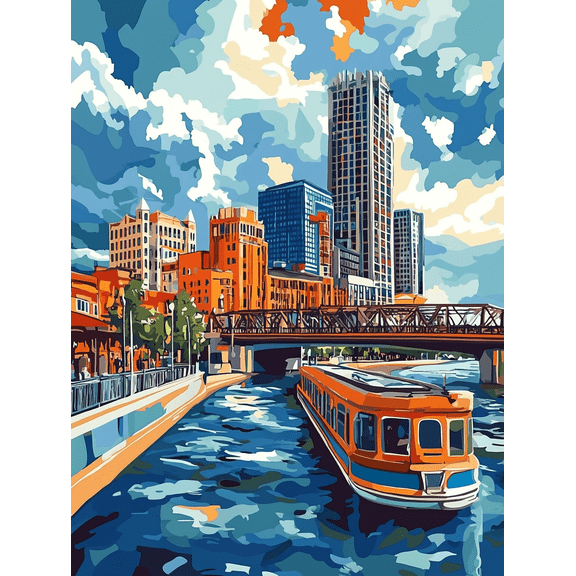 Cityscape River Boat Canvas Print/Wall Art Perfect for Living Room Bedroom Office Kitchen and Bathroom Decoration.