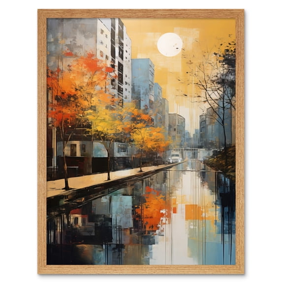 Cityscape River Canal Oil Painting Blue Orange Trees Autumn in the City Art Print Framed Poster Wall Decor 12x16 inch