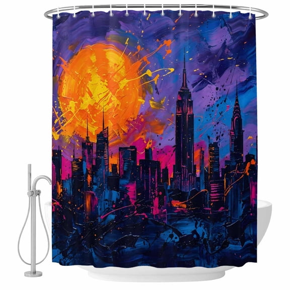 Cityscape Shower Curtain for Bathroom, Art Vibrant Sunset Orange Purple Oil Painting Texture Waterproof Cloth Fabric Bathroom Accessories Set with 12 Rust Proof Plastic Hooks, 72"x78"