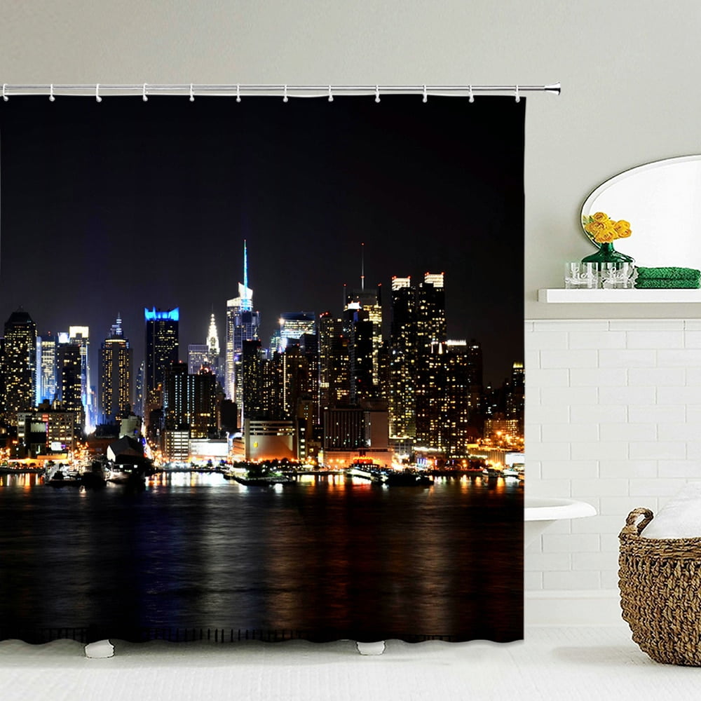Cityscape Shower Curtain NYC Night Skyline Scenery View Artwork Picture  Prints Polyester Fabric Bathroom Decor, image size:1000x1000