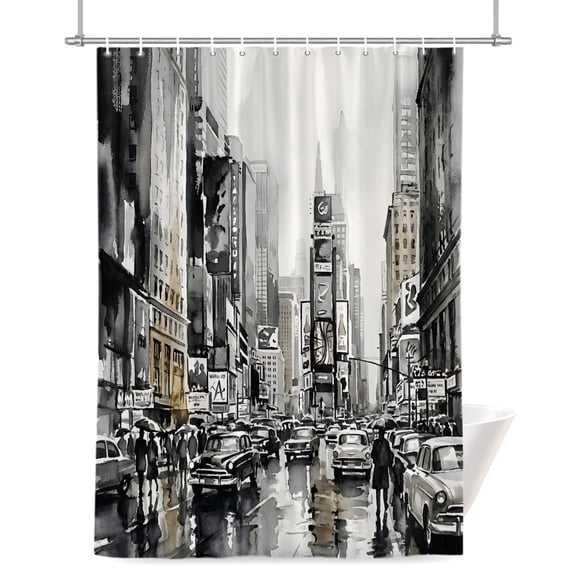 Cityscape Shower Curtains for Bathroom, Retro Watercolor Black White Street Scene Waterproof Fabric Shower Curtain for Bathroom Bathtub Decoration, Machine Washable 36"x72"