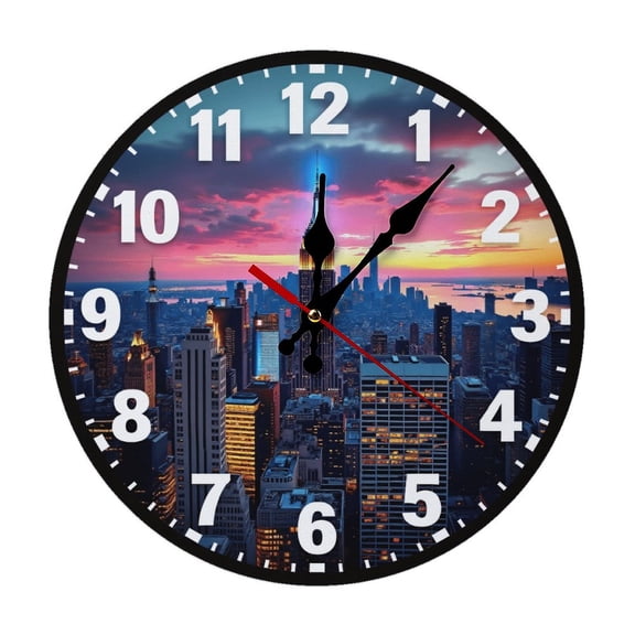 Cityscape Skyscraper Wall Clock 10 Inch Silent Non Ticking Round Wooden Clock Decoration for Living Room Kitchen Bedroom Bathroom Office Classroom