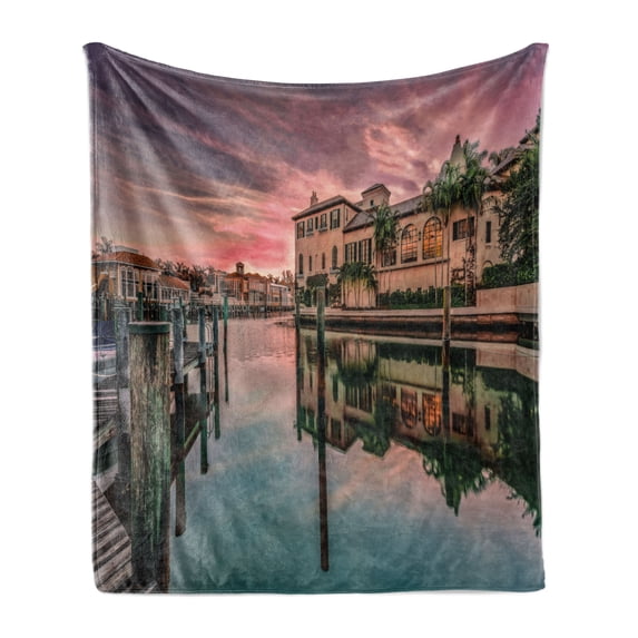 Cityscape Soft Flannel Fleece Blanket, Colorful Sunrise over Venetian Bay Naples Florida Apartments Trees Waterscape, Cozy Plush for Indoor and Outdoor Use, 60" x 80", Purple Green, by Ambesonne