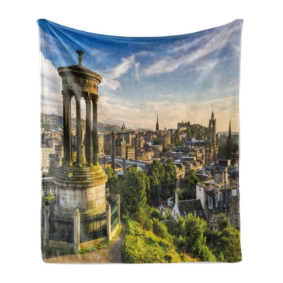 Cityscape Soft Flannel Fleece Blanket, Edinburgh Town Aerial View of Historical Buildings Heritage Panorama Art, Cozy Plush for Indoor and Outdoor Use, 60" x 80", Fern Green Blue Tan, by Ambesonne