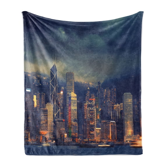 Cityscape Soft Flannel Fleece Blanket, Hong Kong Cityscape Stormy Weather Dark Cloudy Sky Waterfront Port Dramatic View, Cozy Plush for Indoor and Outdoor Use, 50" x 70", Multicolor, by Ambesonne