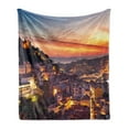 thumbnail image 1 of Cityscape Soft Flannel Fleece Blanket, Cityscape of Lisbon Portugal Traditional Seaside City Colorful Sky Sunset Evening View, Cozy Plush for Indoor and Outdoor Use, 70" x 90", Brown, by Ambesonne, 1 of 5