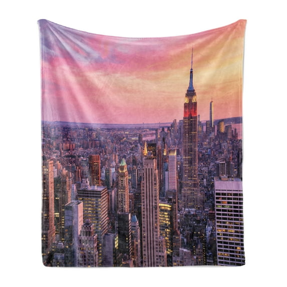 Cityscape Soft Flannel Fleece Blanket, New York City Midtown with Empire State Building Sunset Business Center Rooftop Photo, Cozy Plush for Indoor and Outdoor Use, 50" x 70", Peach, by Ambesonne
