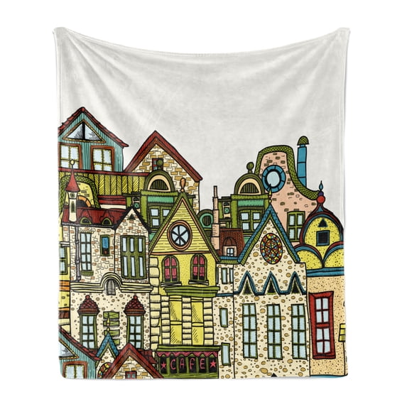 Cityscape Soft Flannel Fleece Blanket, Old Town Retro Art with Colorful Apartments Building Windows Balconies Chimneys, Cozy Plush for Indoor and Outdoor Use, 60" x 80", Green Beige, by Ambesonne
