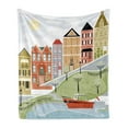 thumbnail image 1 of Cityscape Soft Flannel Fleece Blanket, Quaint Village Street and Colorful Building by River Cartoon Illustration Print, Cozy Plush for Indoor and Outdoor Use, 70" x 90", Green Teal, by Ambesonne, 1 of 5