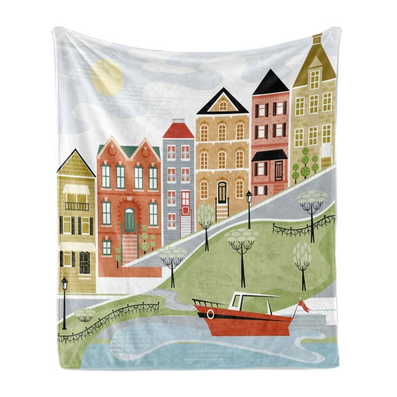 Cityscape Soft Flannel Fleece Blanket, Quaint Village Street and Colorful Building by River Cartoon Illustration Print, Cozy Plush for Indoor and Outdoor Use, 70" x 90", Green Teal, by Ambesonne
