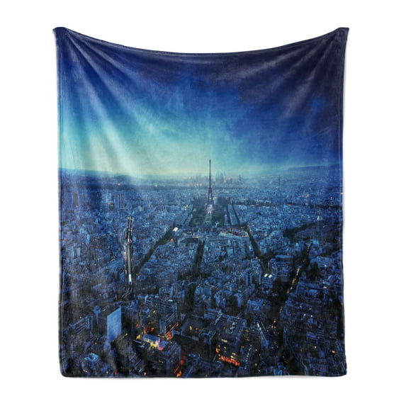 Cityscape Soft Flannel Fleece Blanket, Skyline at Sunset France European Parisian Landmark Travel Destination Monochrome, Cozy Plush for Indoor and Outdoor Use, 70" x 90", Navy Blue, by Ambesonne