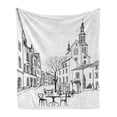 thumbnail image 1 of Cityscape Soft Flannel Fleece Blanket, Street Cafe in Old City Houses Buildings Tree Alleyway Medieval Castle Landscape, Cozy Plush for Indoor and Outdoor Use, 60" x 80", Black White, by Ambesonne, 1 of 6