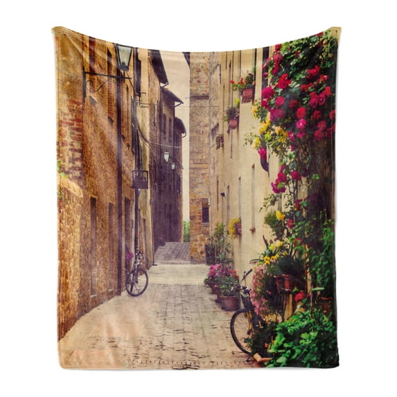 Cityscape Soft Flannel Fleece Blanket, Street in Pienza Tuscany Italy with Hanging Basket Plants Flowers Bicycles Picture, Cozy Plush for Indoor and Outdoor Use, 50" x 70", Red Green, by Ambesonne