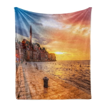 Cityscape Soft Flannel Fleece Blanket, Sunset at Rovinj Adriatic Sea Coast of Croatia Romantic Evening Scenery Print, Cozy Plush for Indoor and Outdoor Use, 50" x 70", Brown Yellow, by Ambesonne