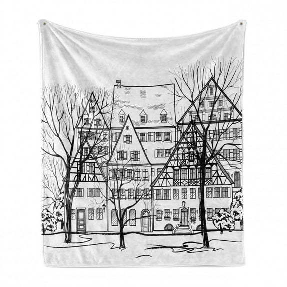 Cityscape Soft Flannel Fleece Throw Blanket, Autumn Season Cityscape European Town Street Hand Drawn Effect Illustration, Cozy Plush for Indoor and Outdoor Use, 50" x 60", Black White, by Ambesonne