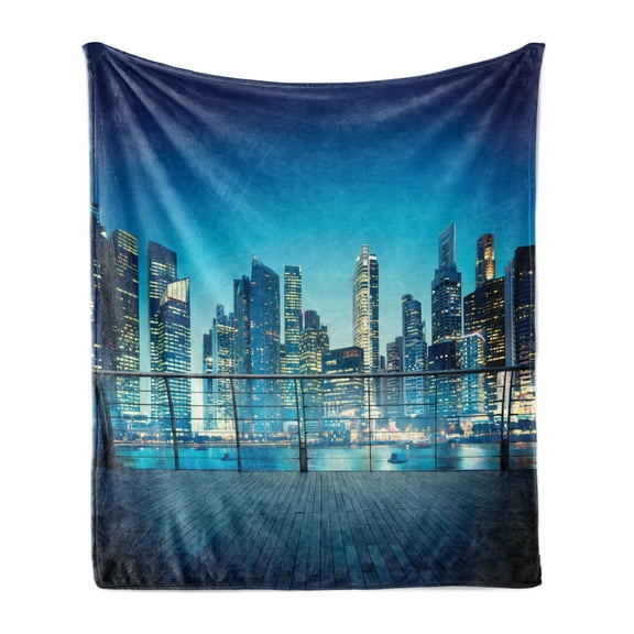 Cityscape Soft Flannel Fleece Throw Blanket, Big City Night Panorama from a Balcony with Skyscrapers, Cozy Plush for Indoor and Outdoor Use, 50" x 70", Pale Yellow Night Blue, by Ambesonne