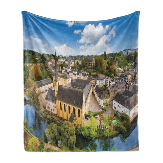 Cityscape Soft Flannel Fleece Throw Blanket, Luxembourg City Aerial View Historical European Abbey de Neumunster Skyline, Cozy Plush for Indoor and Outdoor Use, 70" x 90", Multicolour, by Ambesonne
