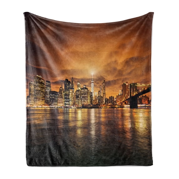 Cityscape Soft Flannel Fleece Throw Blanket, Manhattan at Sunset New York from Brooklyn Reflections Seaport Scenery Print, Cozy Plush for Indoor and Outdoor Use, 70" x 90", Orange Black, by Ambesonne