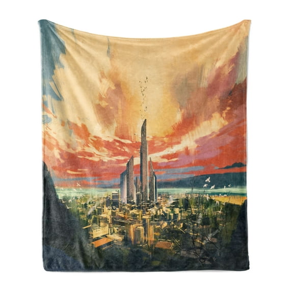 Cityscape Soft Flannel Fleece Throw Blanket, Modern City by Harbor with Sailing Yacht Skyscrapers Painting Style Print, Cozy Plush for Indoor and Outdoor Use, 50" x 70", Multicolor, by Ambesonne