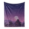 thumbnail image 1 of Cityscape Soft Flannel Fleece Throw Blanket, Old City Illustration Houses Buildings Full Moon Starry Night Sky Silhouette, Cozy Plush for Indoor and Outdoor Use, 50" x 60", Purple Navy, by Ambesonne, 1 of 5
