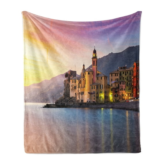Cityscape Soft Flannel Fleece Throw Blanket, Old Mediterranean Town Camogli of Italy at Sunrise Colorful Scenic Landscape, Cozy Plush for Indoor and Outdoor Use, 60" x 80", Peach Yellow, by Ambesonne