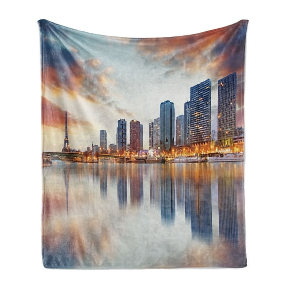 Cityscape Soft Flannel Fleece Throw Blanket, Paris Buildings and Eiffel Tower Silhouettes Reflection on Water at Twilight, Cozy Plush for Indoor and Outdoor Use, 50" x 60", Multicolor, by Ambesonne