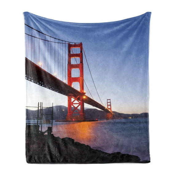 Cityscape Soft Flannel Fleece Throw Blanket, San Francisco Bridge USA City View Golden Gate Traveling Destination, Cozy Plush for Indoor and Outdoor Use, 70" x 90", Orange Violet Blue, by Ambesonne