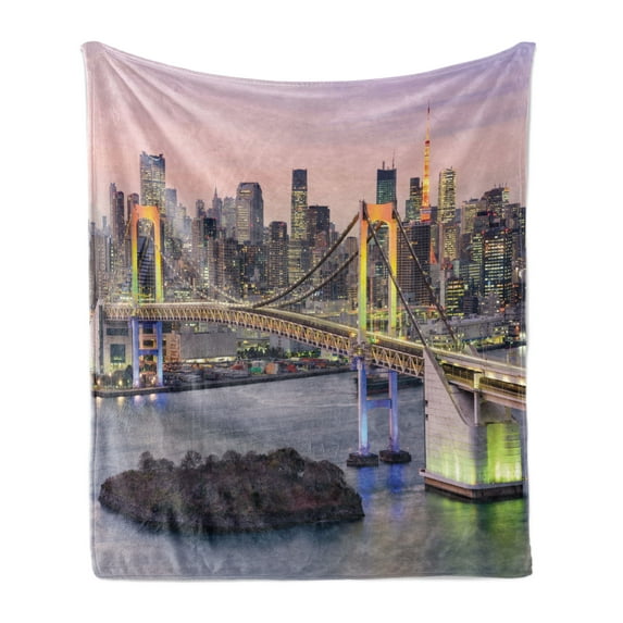 Cityscape Soft Flannel Fleece Throw Blanket, Tokyo Japanese Capital City Rainbow Bridge Skyscrapers Ultra-Modern Town Scene, Cozy Plush for Indoor and Outdoor Use, 50" x 60", Multicolor, by Ambesonne