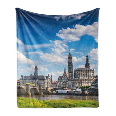 Cityscape Soft Flannel Fleece Throw Blanket, Town Dresden Old German Architecture Historical European Scenery Image, Cozy Plush for Indoor and Outdoor Use, 50" x 70", Grey Blue, by Ambesonne