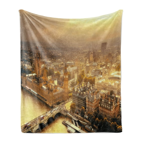 Cityscape Soft Flannel Fleece Throw Blanket, Westminster Aerial View Thames River and London Urban Scene Panoramic, Cozy Plush for Indoor and Outdoor Use, 50" x 60", Multicolor, by Ambesonne