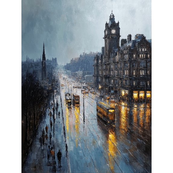 Cityscape Street Scene Oil Canvas Print, Wall Decor for Living Room Bedroom Office Hallway Hotel Cafe